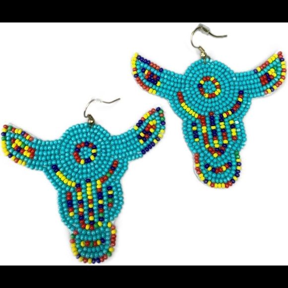 Steer Earrings Turquoise Western Beaded Co… - Picture 4 of 7